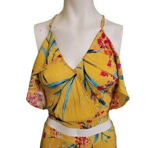 Love Tree medium yellow floral cross front cold shoulder ruffle cropped blouse